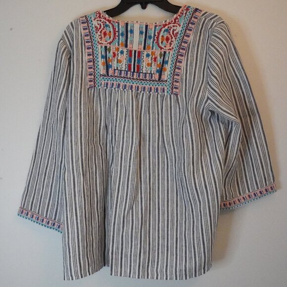 J. Jill, Love Linen, 100% Linen Embroidered Tassel Striped Boho Top, White, Blue - Picture 2 of 9